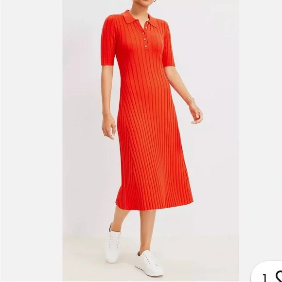 loft ribbed midi polo dress Ribbed Dress With Polo Collar